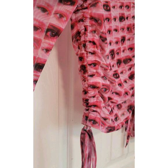 The Ragged Priest High Neck Cropped Ruched Longsleeve Pink Sheer Top Sz 8 - Picture 5 of 7